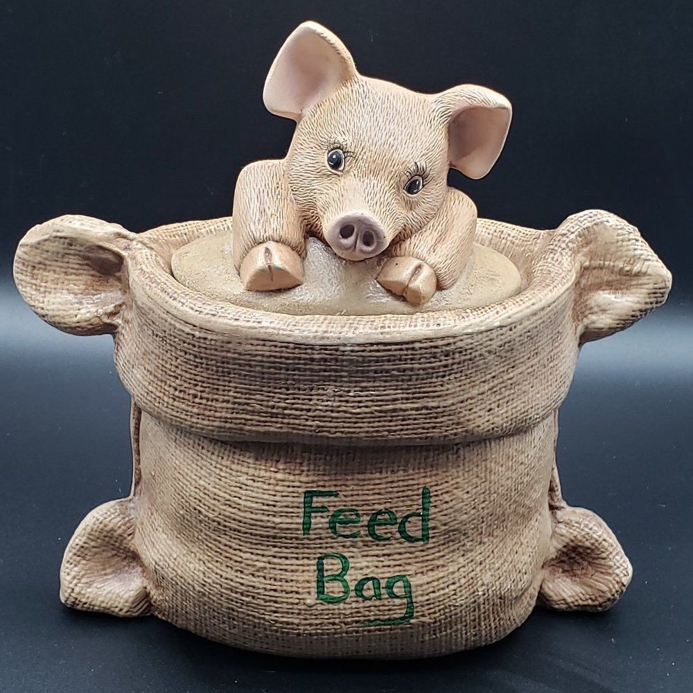 Vintage Hand Painted 9.25" Ceramic Piggy in a Burlap Sack Feed Bag Cookie Jar